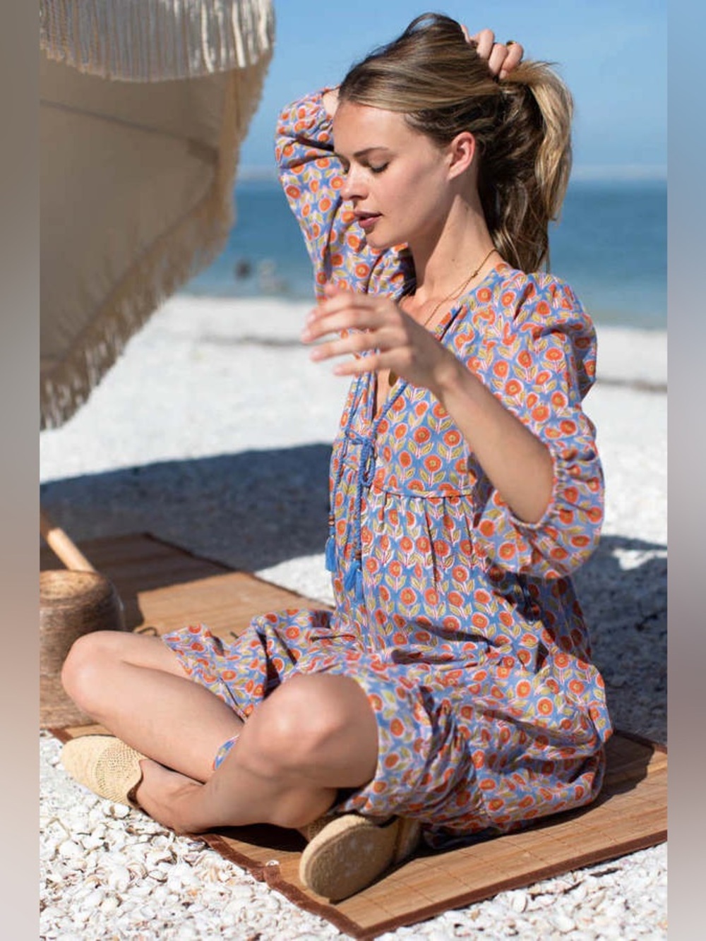 Emerson Fry India Collection Floral Tie-Waist Long Sleeve Dress